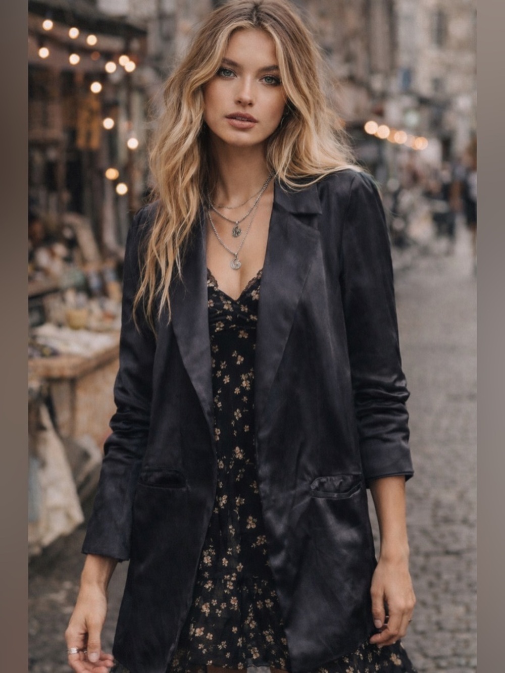 Fame and Partners x Free People Womens Axel Blazer Sz 0 Black Satin Oversized